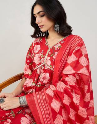 Floral Printed Empire Gotta Patti Pure Cotton Kurta & Trousers & Dupatta 2