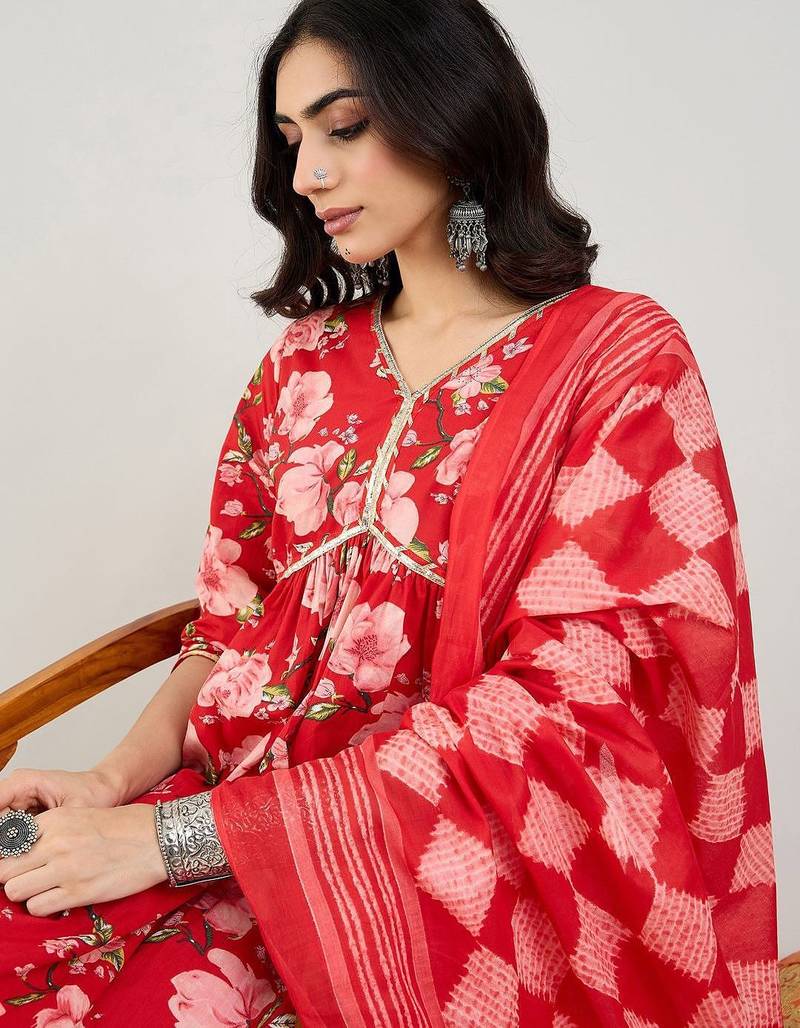 Floral Printed Empire Gotta Patti Pure Cotton Kurta & Trousers & Dupatta