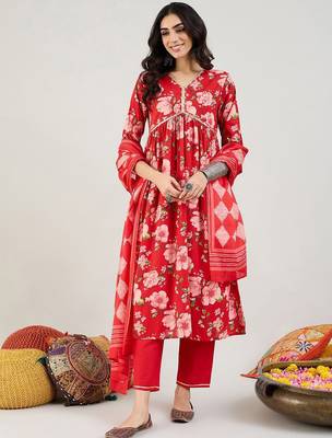 Floral Printed Empire Gotta Patti Pure Cotton Kurta & Trousers & Dupatta 1