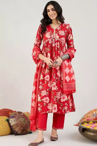 Floral Printed Empire Gotta Patti Pure Cotton Kurta & Trousers & Dupatta