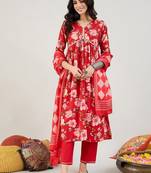 Floral Printed Empire Gotta Patti Pure Cotton Kurta & Trousers & Dupatta