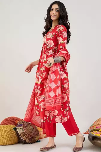 Floral Printed Empire Gotta Patti Pure Cotton Kurta & Trousers & Dupatta