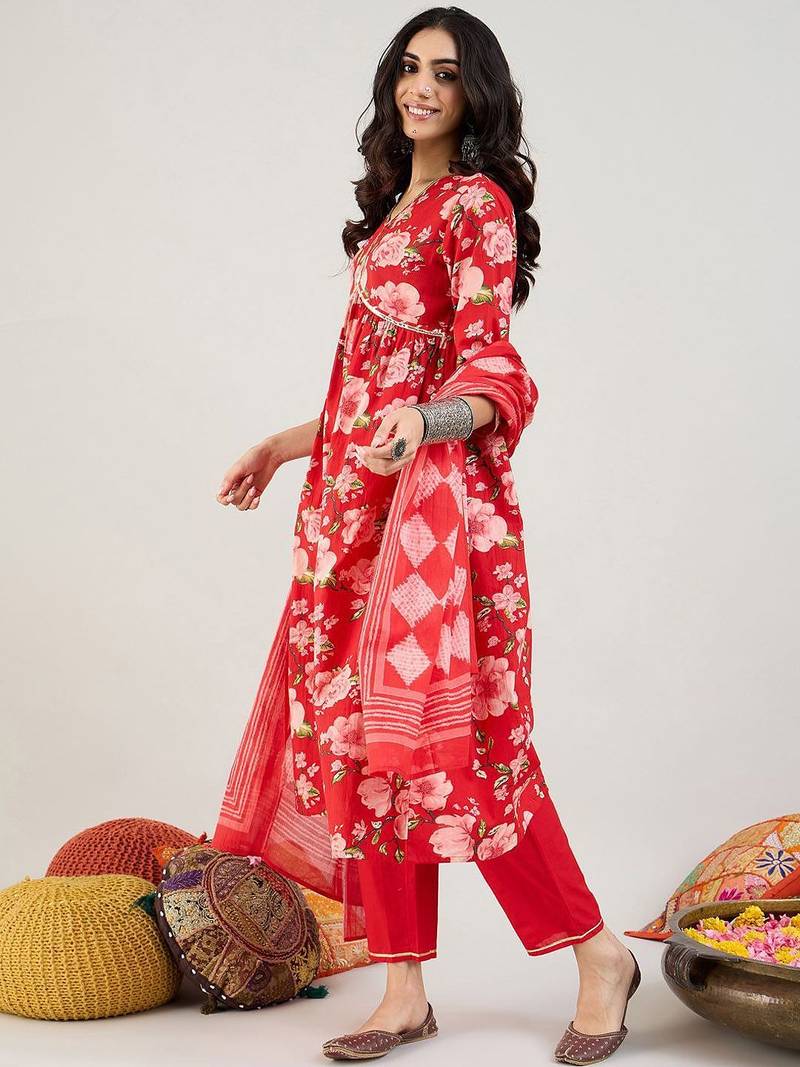 Floral Printed Empire Gotta Patti Pure Cotton Kurta & Trousers & Dupatta