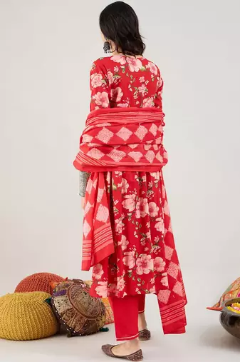 Floral Printed Empire Gotta Patti Pure Cotton Kurta & Trousers & Dupatta