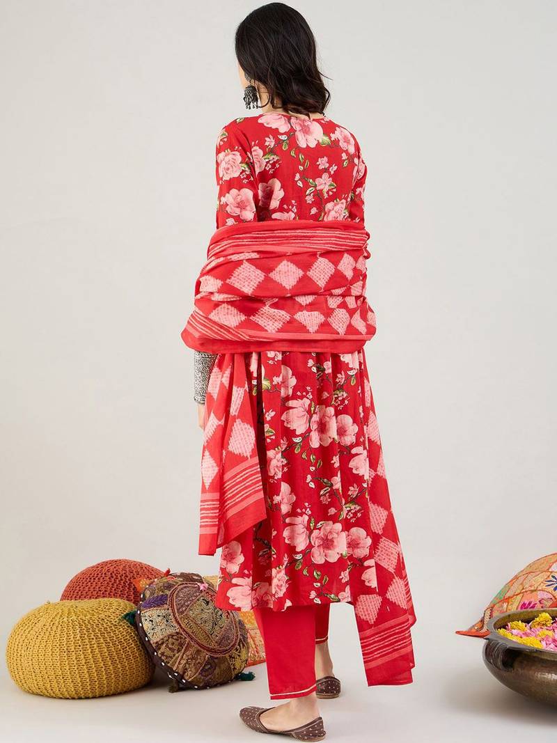 Floral Printed Empire Gotta Patti Pure Cotton Kurta & Trousers & Dupatta