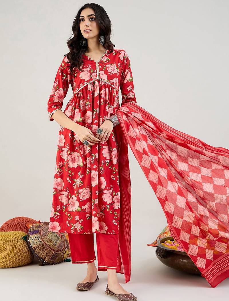 Floral Printed Empire Gotta Patti Pure Cotton Kurta & Trousers & Dupatta