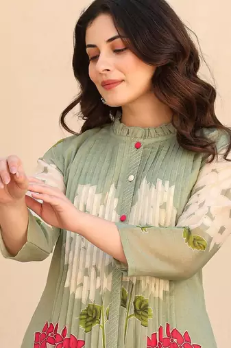 Floral Printed Screen Pure Cotton Kurta With Trousers