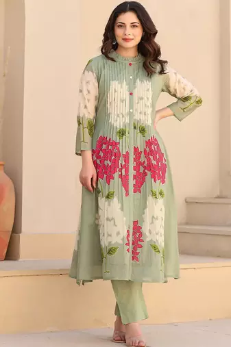 Floral Printed Screen Pure Cotton Kurta With Trousers