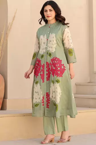 Floral Printed Screen Pure Cotton Kurta With Trousers