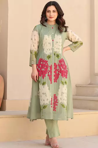 Floral Printed Screen Pure Cotton Kurta With Trousers