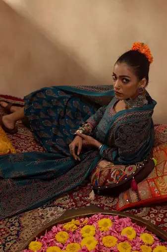 Floral Printed Empire Pure Cotton A-Line Kurta with Trousers & Dupatta