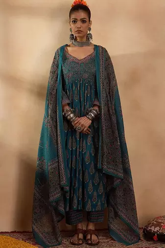 Floral Printed Empire Pure Cotton A-Line Kurta with Trousers & Dupatta