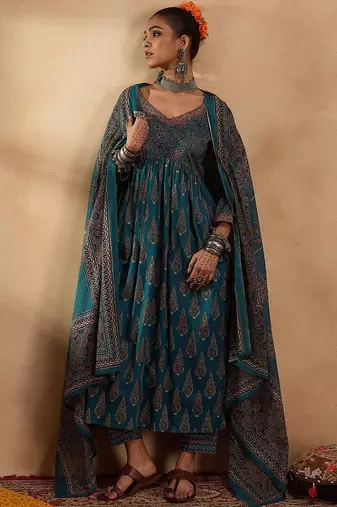 Floral Printed Empire Pure Cotton A-Line Kurta with Trousers & Dupatta