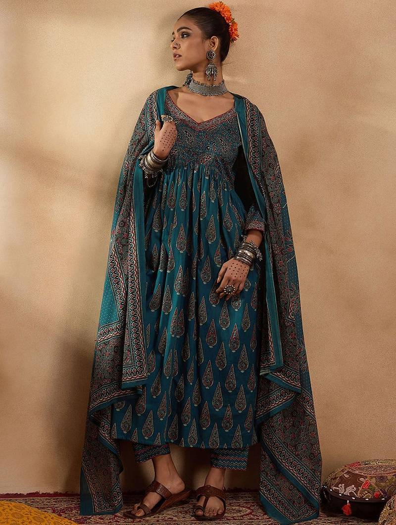 Floral Printed Empire Pure Cotton A-Line Kurta with Trousers & Dupatta