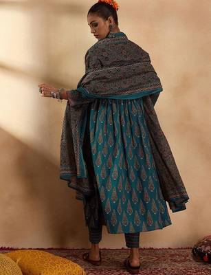 Floral Printed Empire Pure Cotton A-Line Kurta with Trousers & Dupatta 6