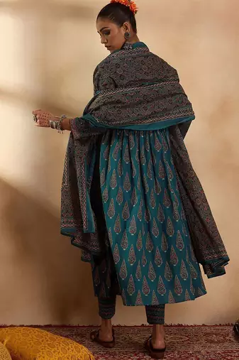 Floral Printed Empire Pure Cotton A-Line Kurta with Trousers & Dupatta