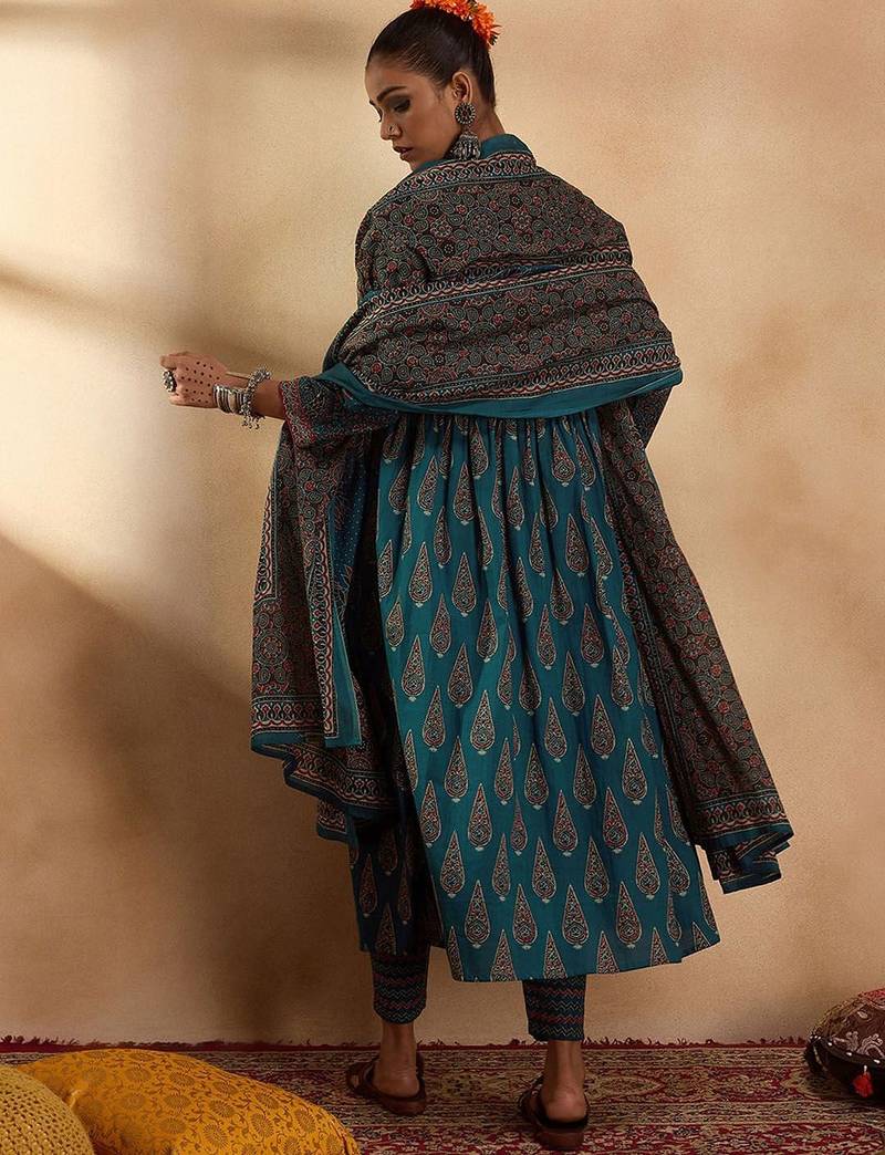 Floral Printed Empire Pure Cotton A-Line Kurta with Trousers & Dupatta