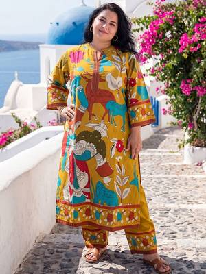 Plus Size Mustard Printed Straight Kurta Trousers Set 1