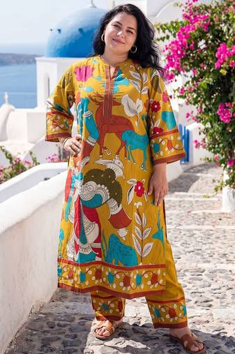 Plus Size Mustard Printed Straight Kurta Trousers Set