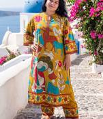 Plus Size Mustard Printed Straight Kurta Trousers Set