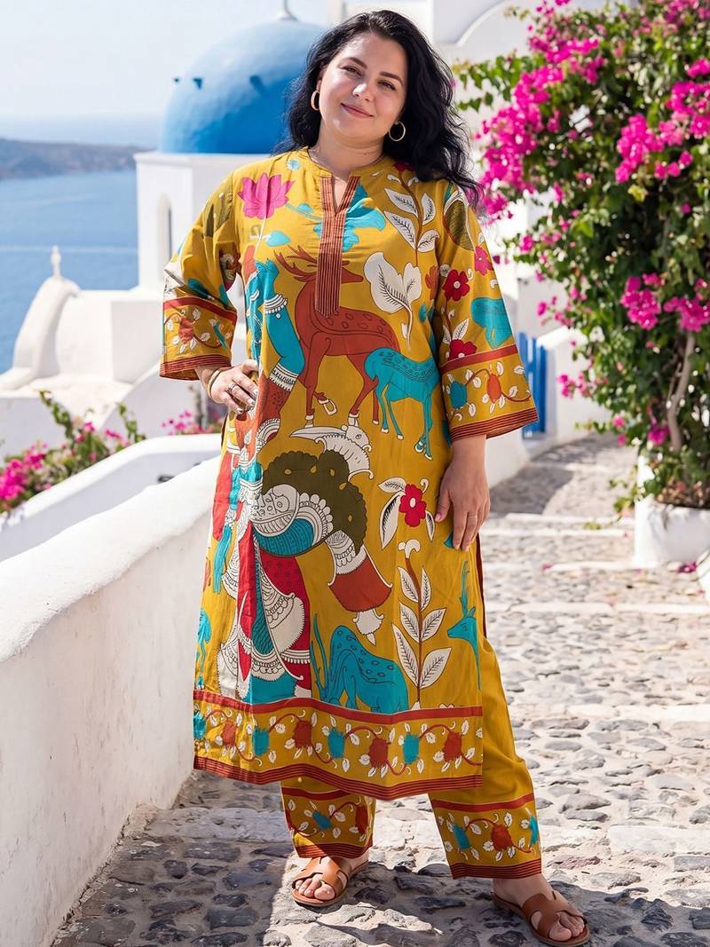 Plus Size Mustard Printed Straight Kurta Trousers Set