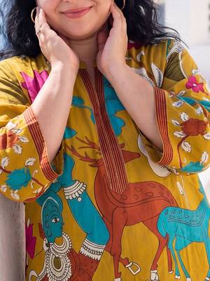 Plus Size Mustard Printed Straight Kurta Trousers Set 2