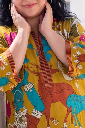 Plus Size Mustard Printed Straight Kurta Trousers Set