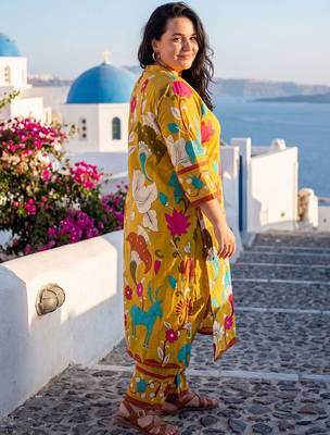 Plus Size Mustard Printed Straight Kurta Trousers Set 4