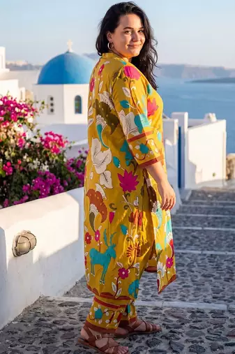 Plus Size Mustard Printed Straight Kurta Trousers Set