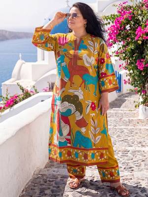 Plus Size Mustard Printed Straight Kurta Trousers Set 5