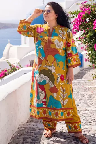 Plus Size Mustard Printed Straight Kurta Trousers Set