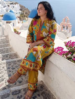 Plus Size Mustard Printed Straight Kurta Trousers Set 6