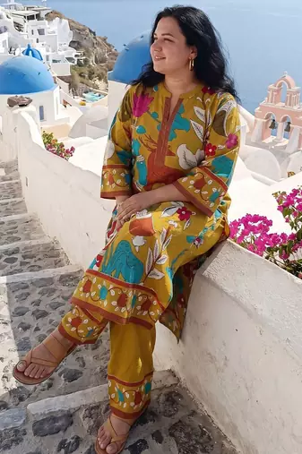 Plus Size Mustard Printed Straight Kurta Trousers Set