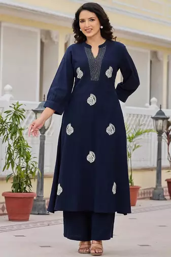 Women Ethnic Motifs Embroidered Regular Thread Work Pure Cotton Kurta with Palazzos