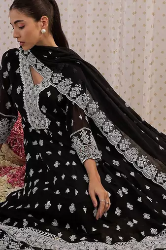 Ethnic Motifs Embroidered Pure Cotton Anarkali Kurta With Trouser And Dupatta