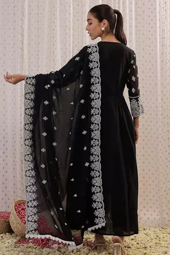 Ethnic Motifs Embroidered Pure Cotton Anarkali Kurta With Trouser And Dupatta