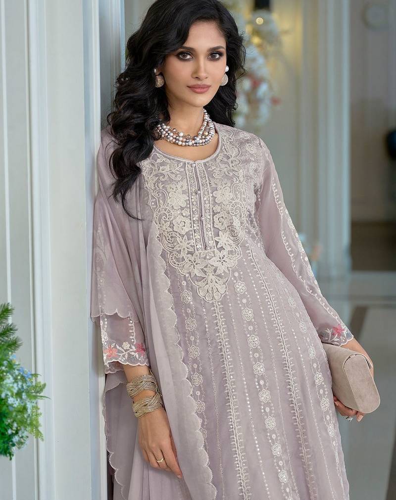 Adults-Women Woven Design Embroidered Anarkali Kurta with Trousers & Dupatta