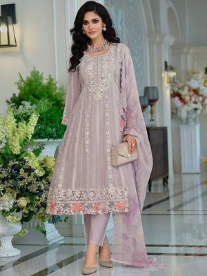 Adults-Women Woven Design Embroidered Anarkali Kurta with Trousers & Dupatta 3