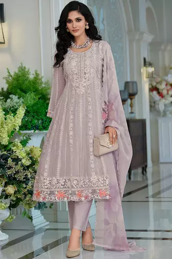 Adults-Women Woven Design Embroidered Anarkali Kurta with Trousers & Dupatta
