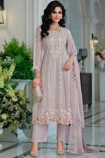 Adults-Women Woven Design Embroidered Anarkali Kurta with Trousers & Dupatta