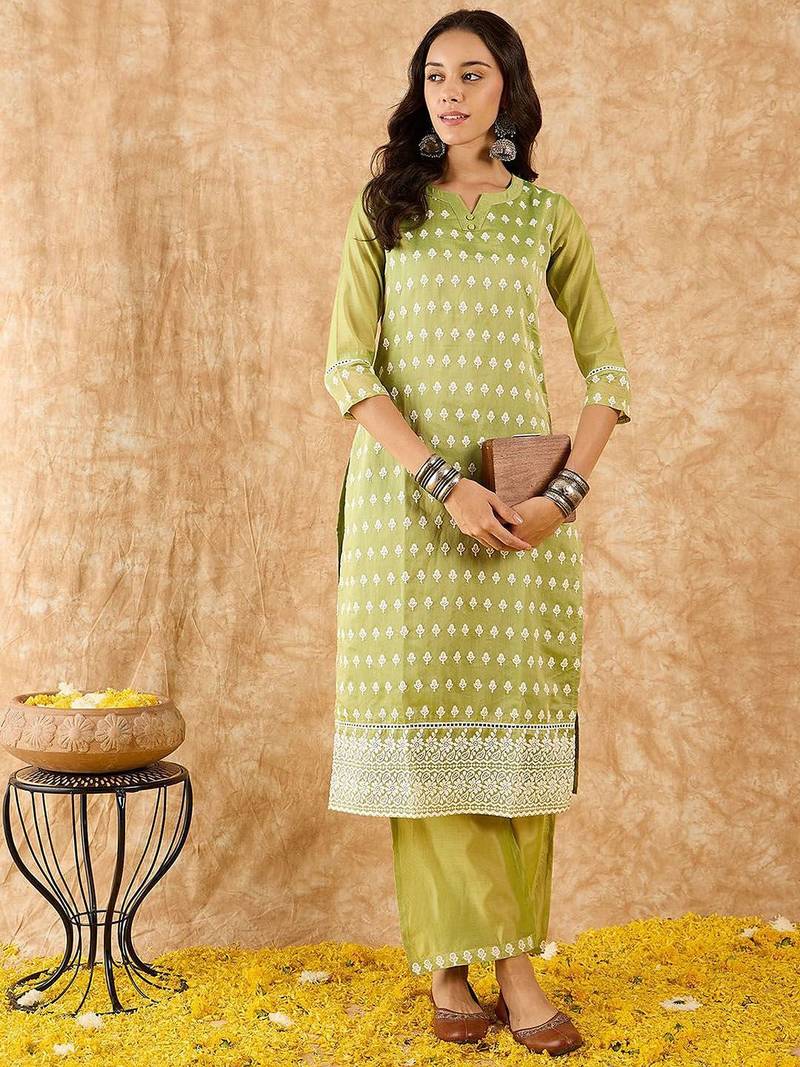 Ethnic Motifs Embroidered Straight Thread Work Kurta with Palazzos