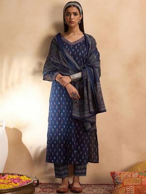 Ethnic Motifs Printed Pure Cotton Straight Kurta with Trousers & Dupatta 1
