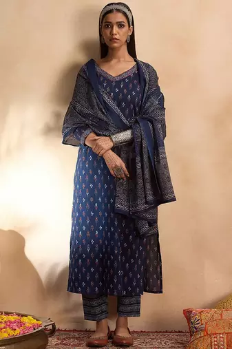 Ethnic Motifs Printed Pure Cotton Straight Kurta with Trousers & Dupatta