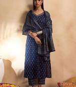 Ethnic Motifs Printed Pure Cotton Straight Kurta with Trousers & Dupatta