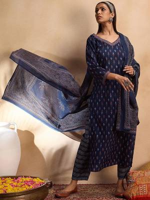 Ethnic Motifs Printed Pure Cotton Straight Kurta with Trousers & Dupatta 4