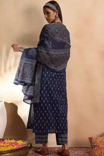 Ethnic Motifs Printed Pure Cotton Straight Kurta with Trousers & Dupatta