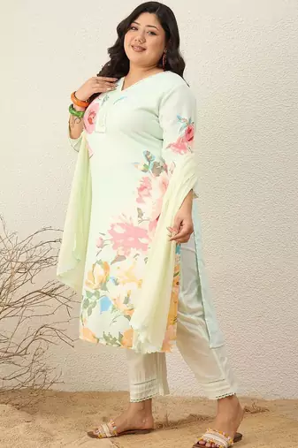 Plus Size Floral Printed Regular Kurta with Trousers & With Dupatta