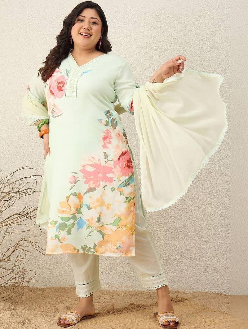Plus Size Floral Printed Regular Kurta with Trousers & With Dupatta