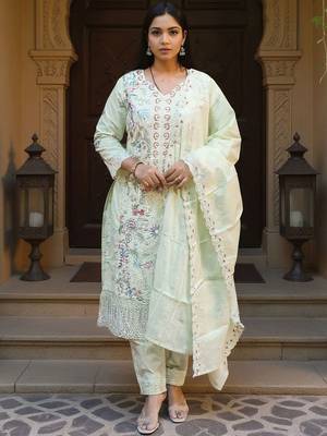 Women Embroidered Regular Thread Work Pure Cotton Kurta with Trousers & Dupatta 1
