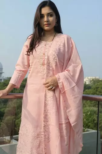 Women Floral Embroidered Cotton Kurta with Trousers & Dupatta